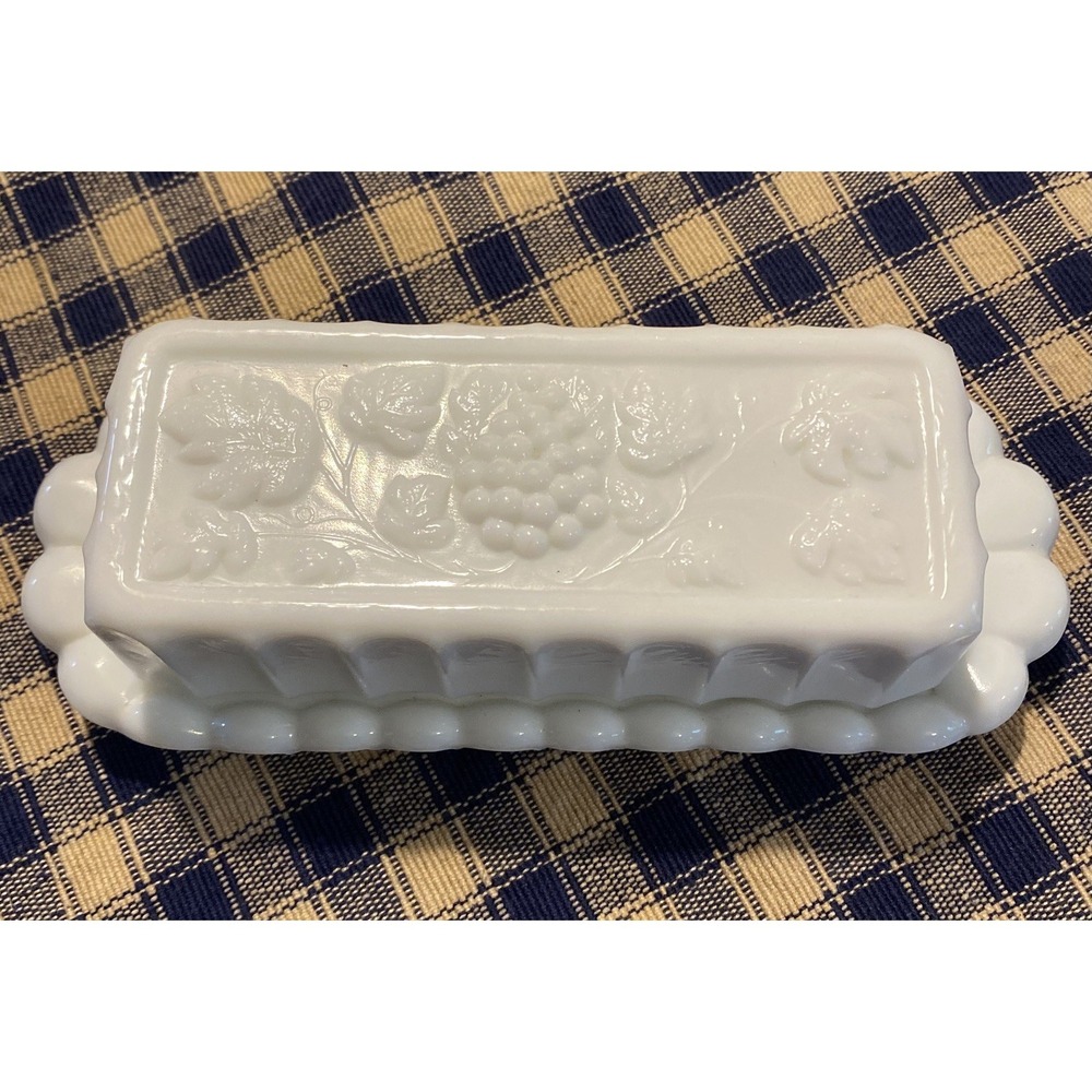 Vintage Westmoreland Paneled Grape White Milk Glass Covered Butter Dish